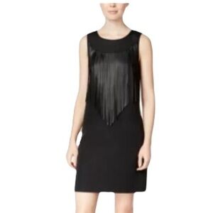 Kenzie size M black BOHO scoop neck fringe front sleeveless mini shift dress